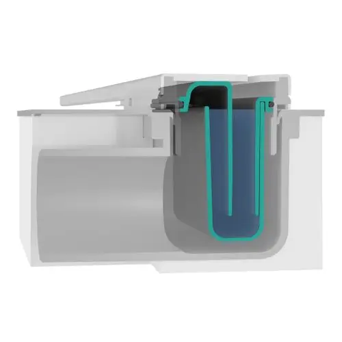 Schematische Darstellung eines Siphons mit Wasserstand, gefertigt von Hansgrohe. Der Querschnitt zeigt die Innenstruktur und die Abflussführung.